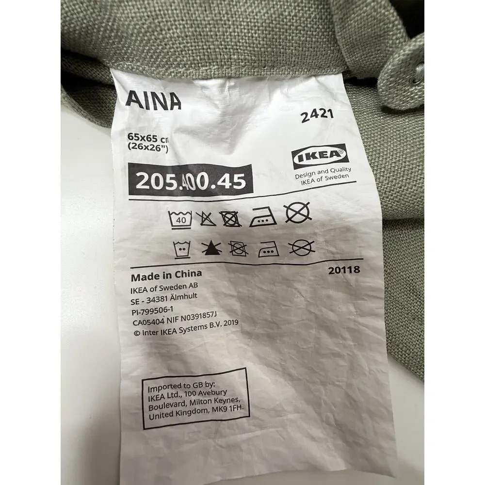 IKEA AINA 26” x 26” Sage Green 100% Linen Pillow Cover Button Closure